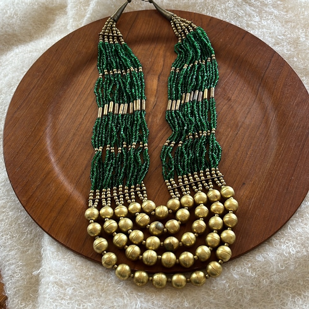 Green and Gold Beads Multilayered Statement Mixed Materials Artisan Necklace - Picture 5 of 17
